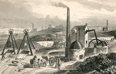 Whimsey eller motor som drar kol i Staffordshires kolgruvor, från "Cyclopaedia of Useful Arts and Manufactures" av Charles Tomlinson.